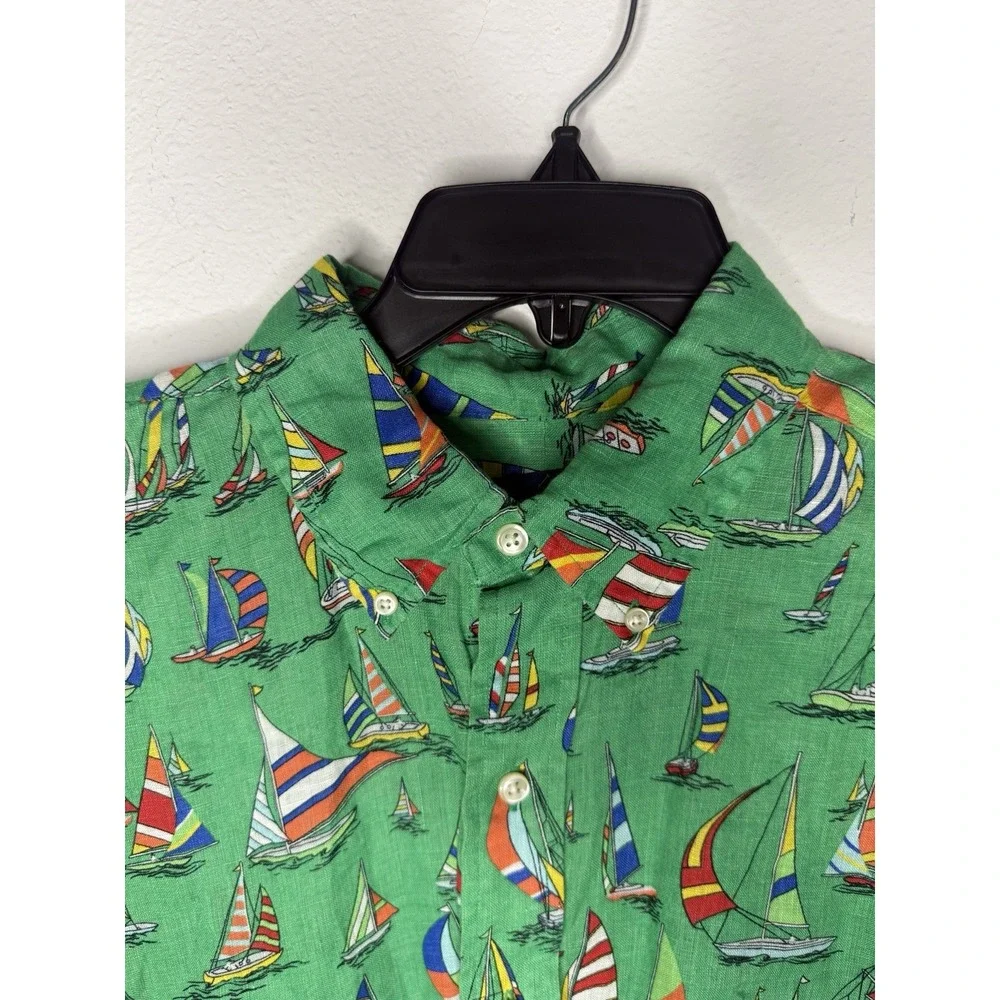 Polo Ralph Lauren Men Shirt 100% Linen‎ Sail Boat Short Sleeve Button Up Size LT